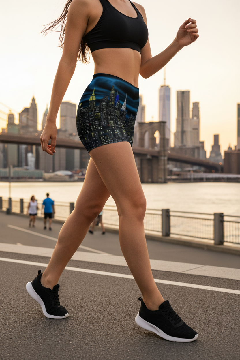 Person running on a path wearing Loria NYC Art city skyline shorts.