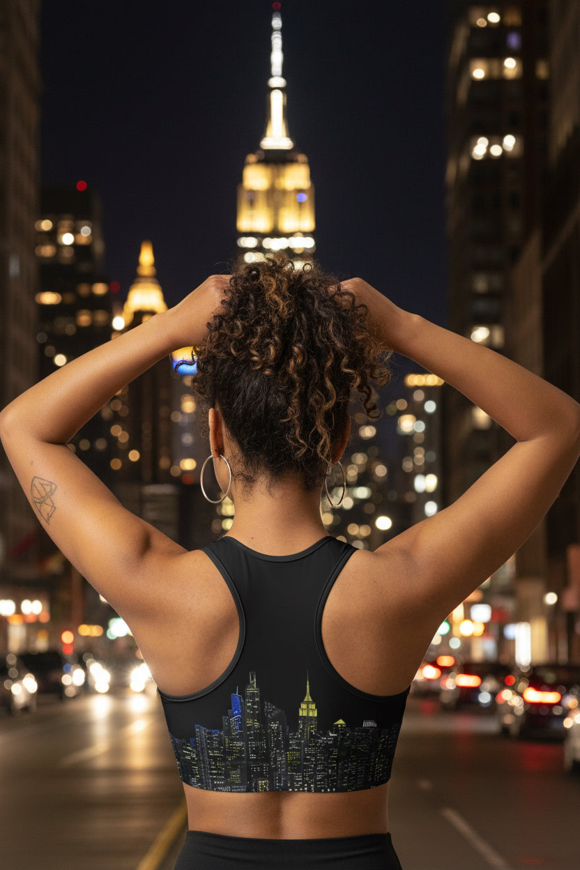 Woman wearing a black sports bra designed by Loria NYC Art with cityscape design on a urban background
