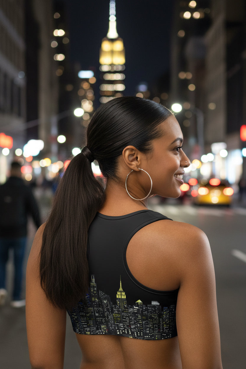 Woman wearing a black sports bra designed by Loria NYC Art with cityscape design on a urban background