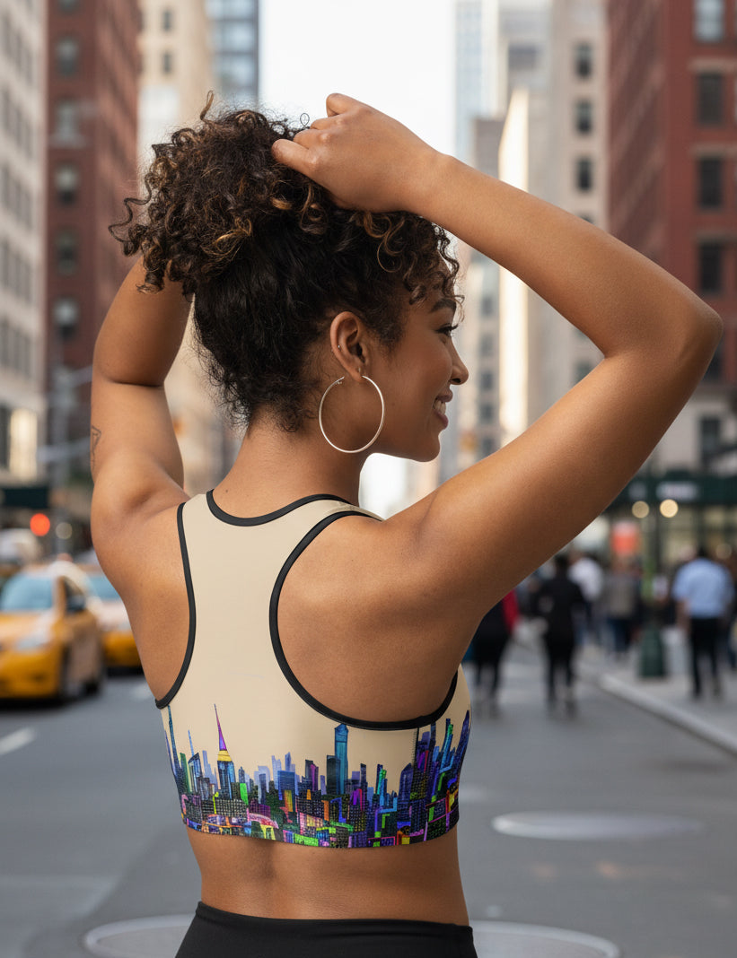 Sports bra with colorful cityscape design on a urban background designed by Loria NYC Art 