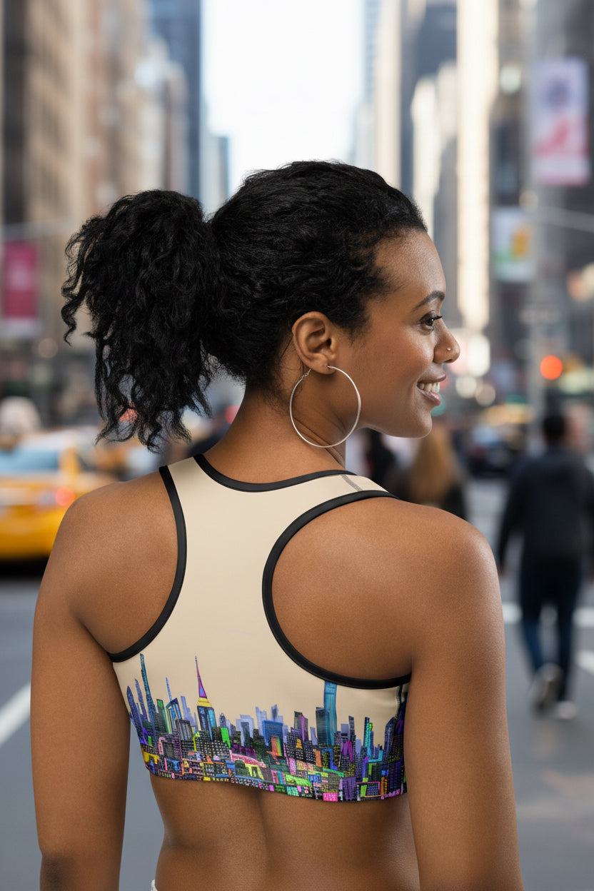 Girl wearing Sports bra with colorful cityscape design on a urban background designed by Loria NYC Art 