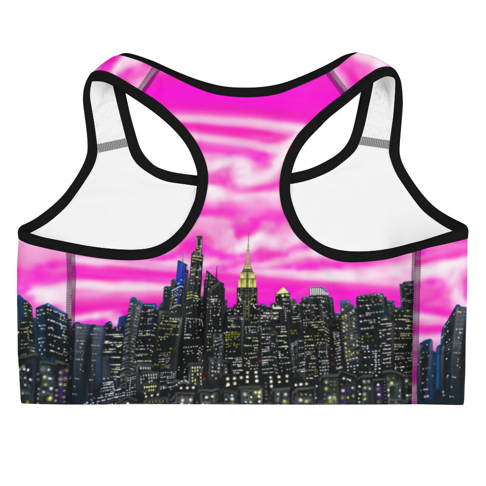 Back of Sports bra with cityscape design designed by Loria NYC Art on a white background