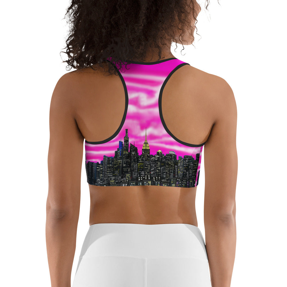 Sports bra with cityscape design designed by Loria NYC Art on a white background