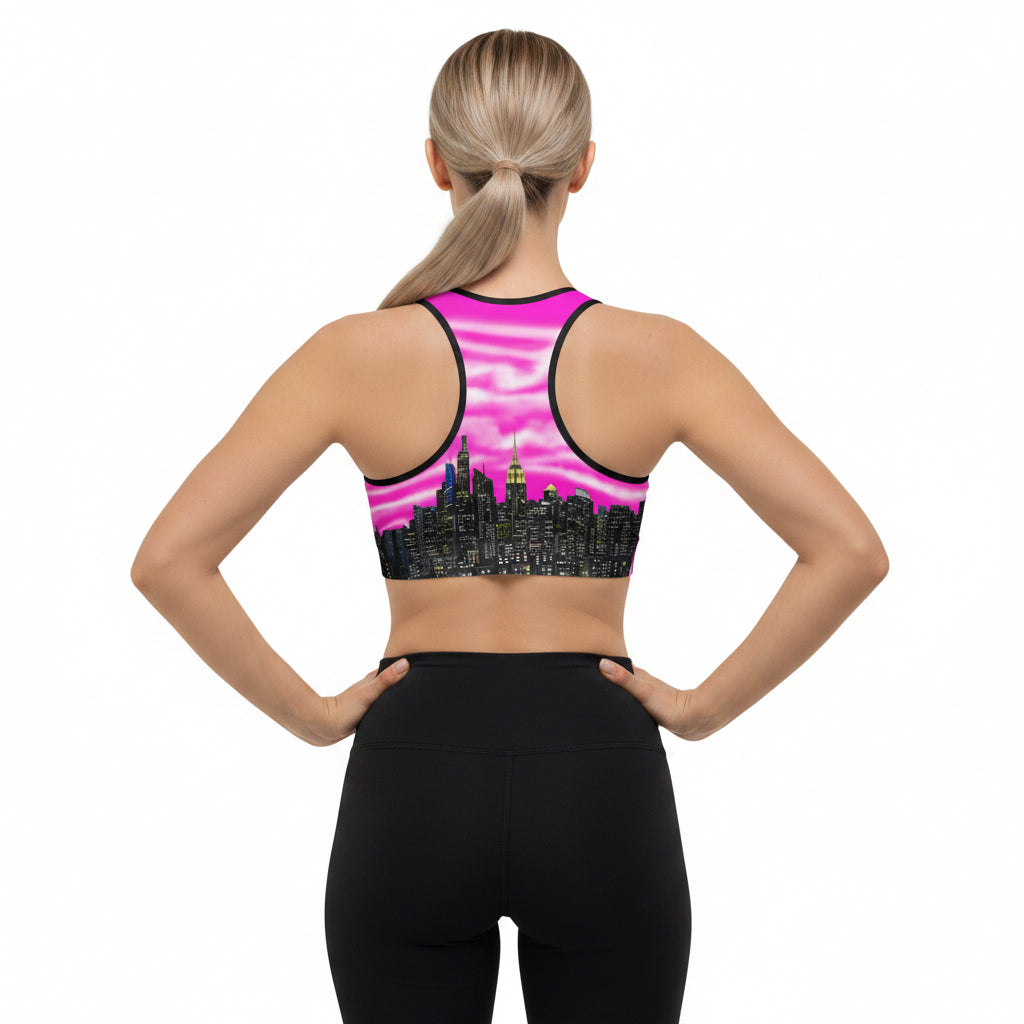 Sports bra with cityscape design designed by Loria NYC Art on a white background