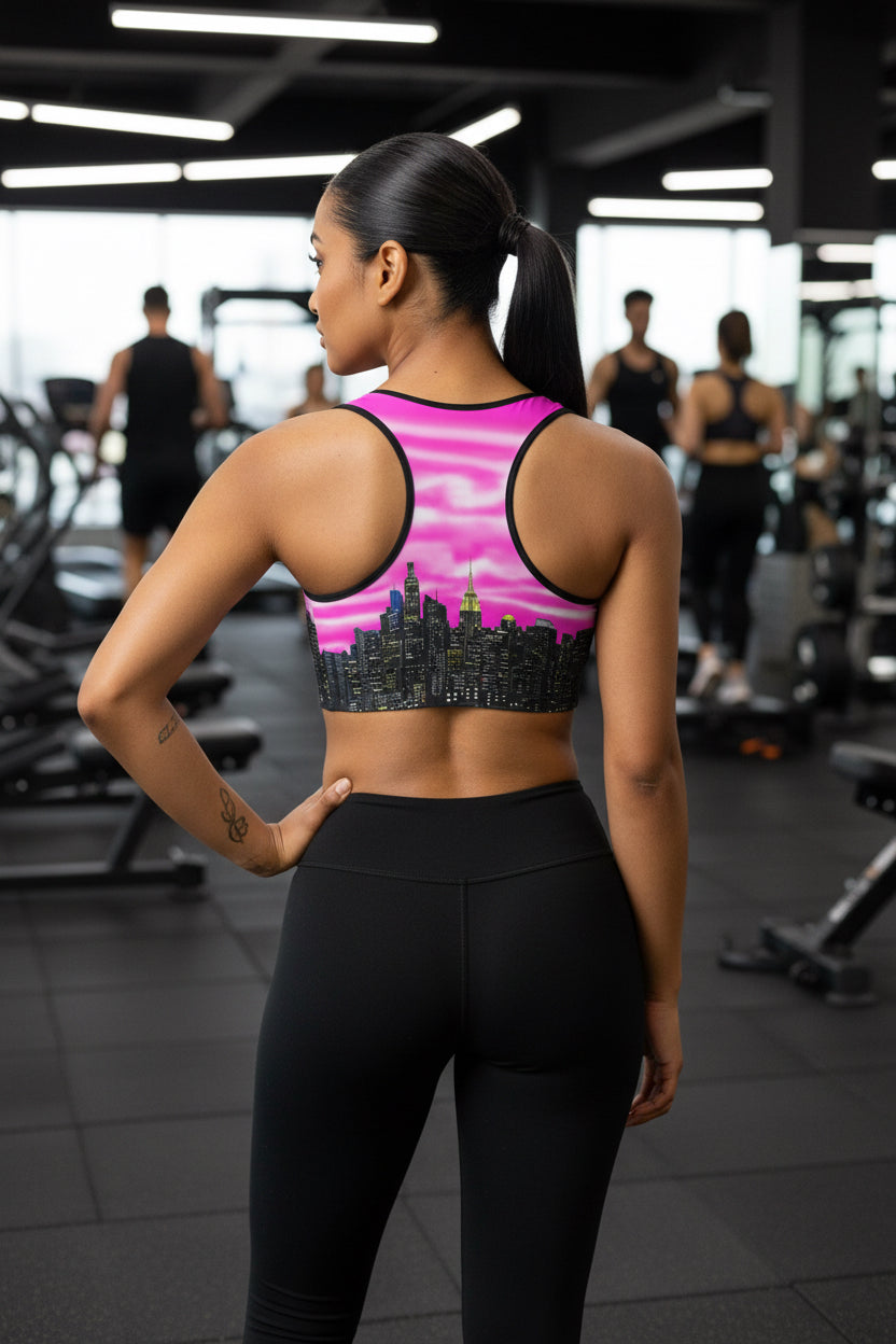 Women wearing Sports bra with cityscape design designed by Loria NYC Art on a white background