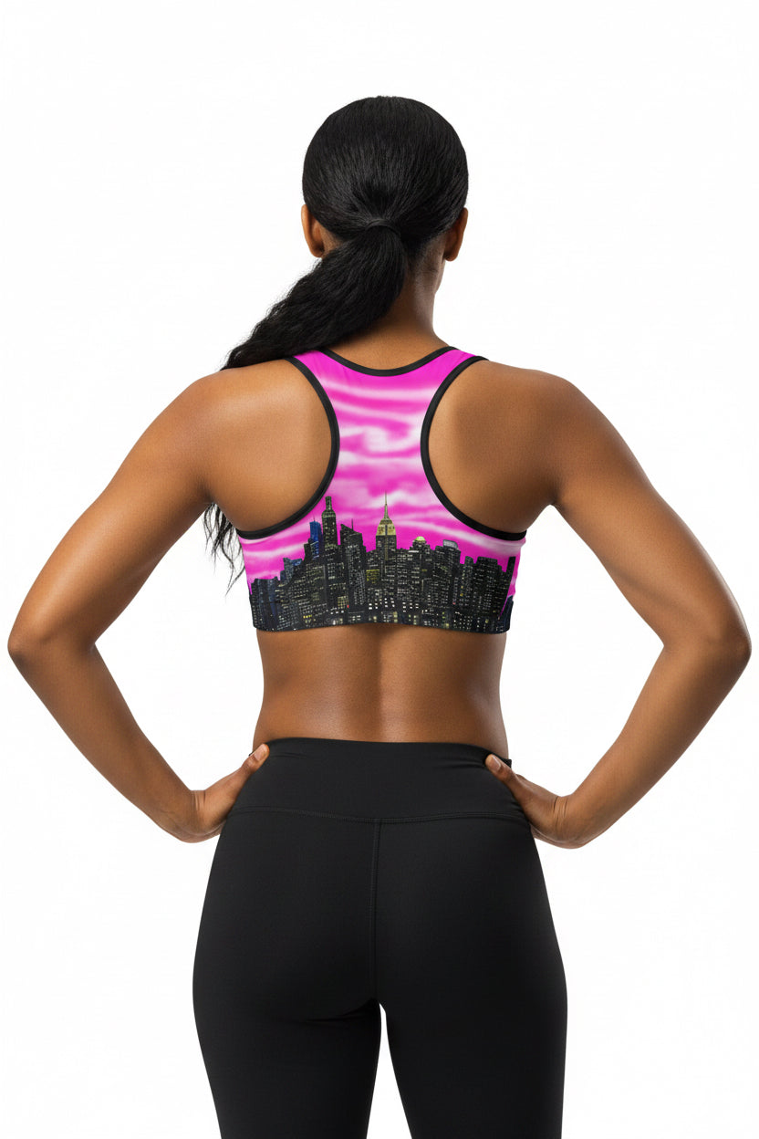 Women wearing Sports bra with cityscape design designed by Loria NYC Art on a white background