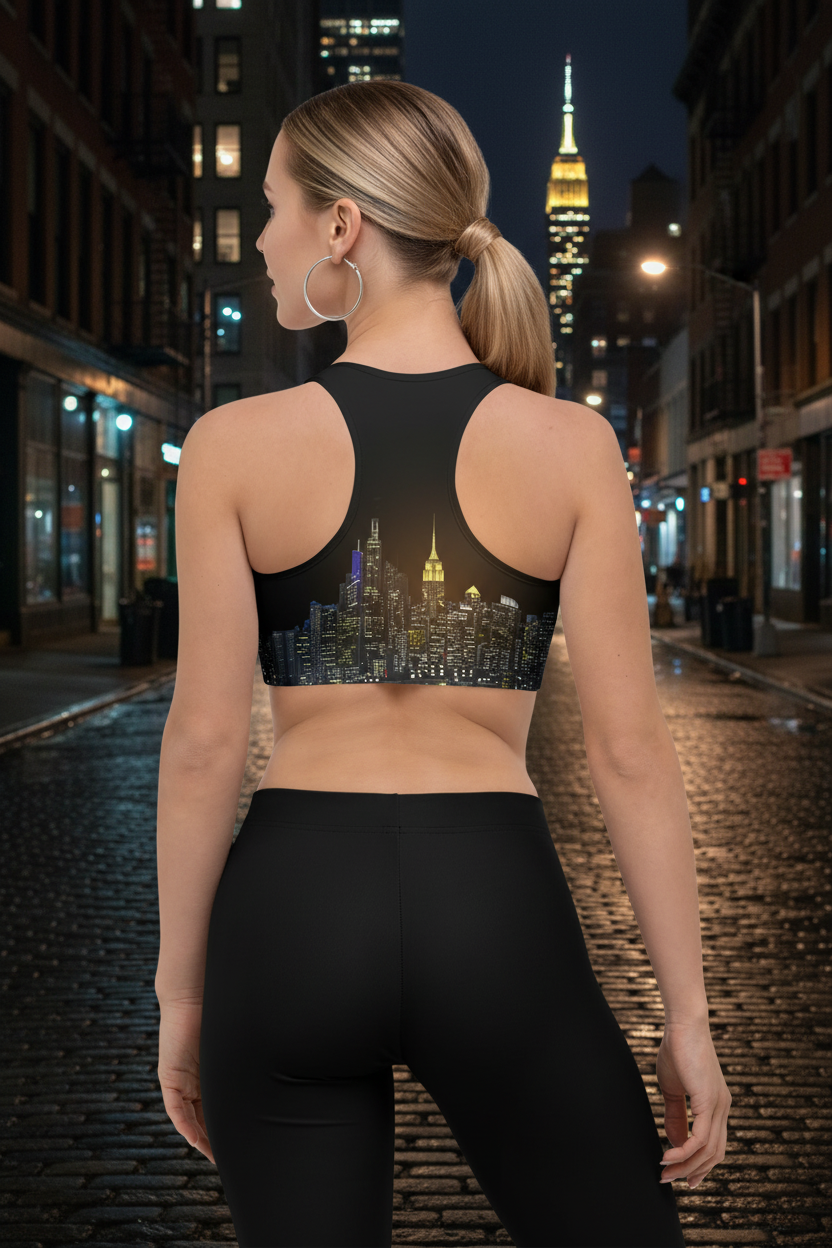 Woman wearing a black sports bra with a cityscape Loria NYC Art design on a city street at night.