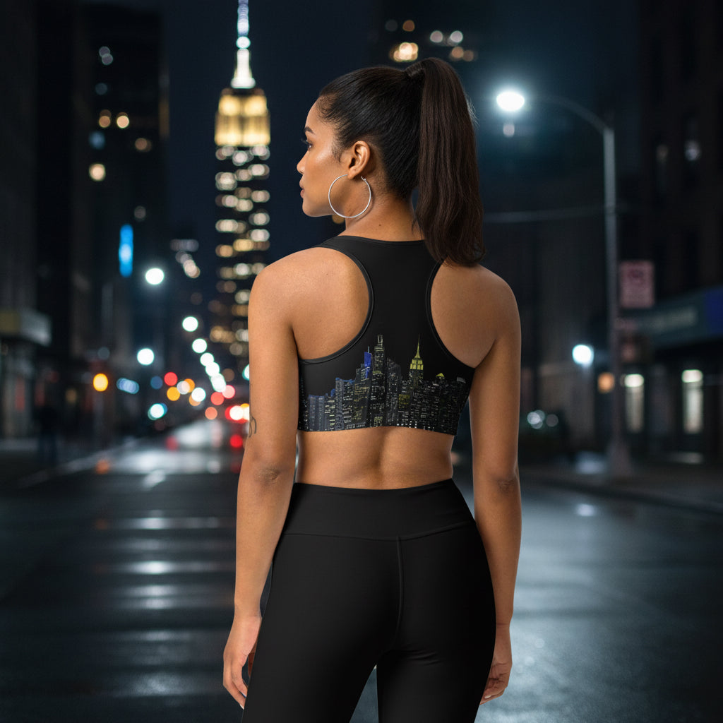 Woman wearing a black sports bra designed by Loria NYC Art with cityscape design and beige leggings on a urban background