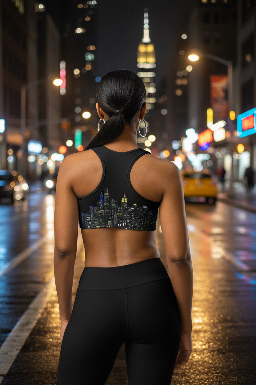 Woman wearing a black sports bra designed by Loria NYC Art with cityscape design and beige leggings on a white background