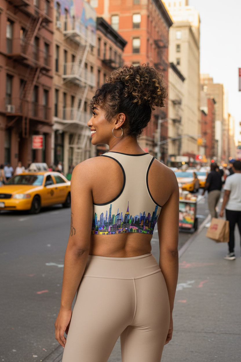Sports bra with colorful cityscape design on a urban background designed by Loria NYC Art 