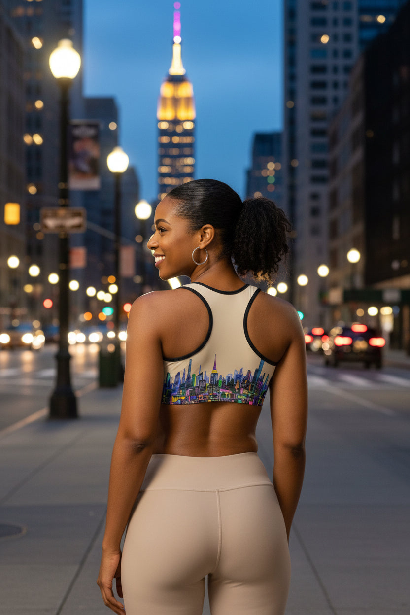 Girl wearing Sports bra with colorful cityscape design on a urban background designed by Loria NYC Art 