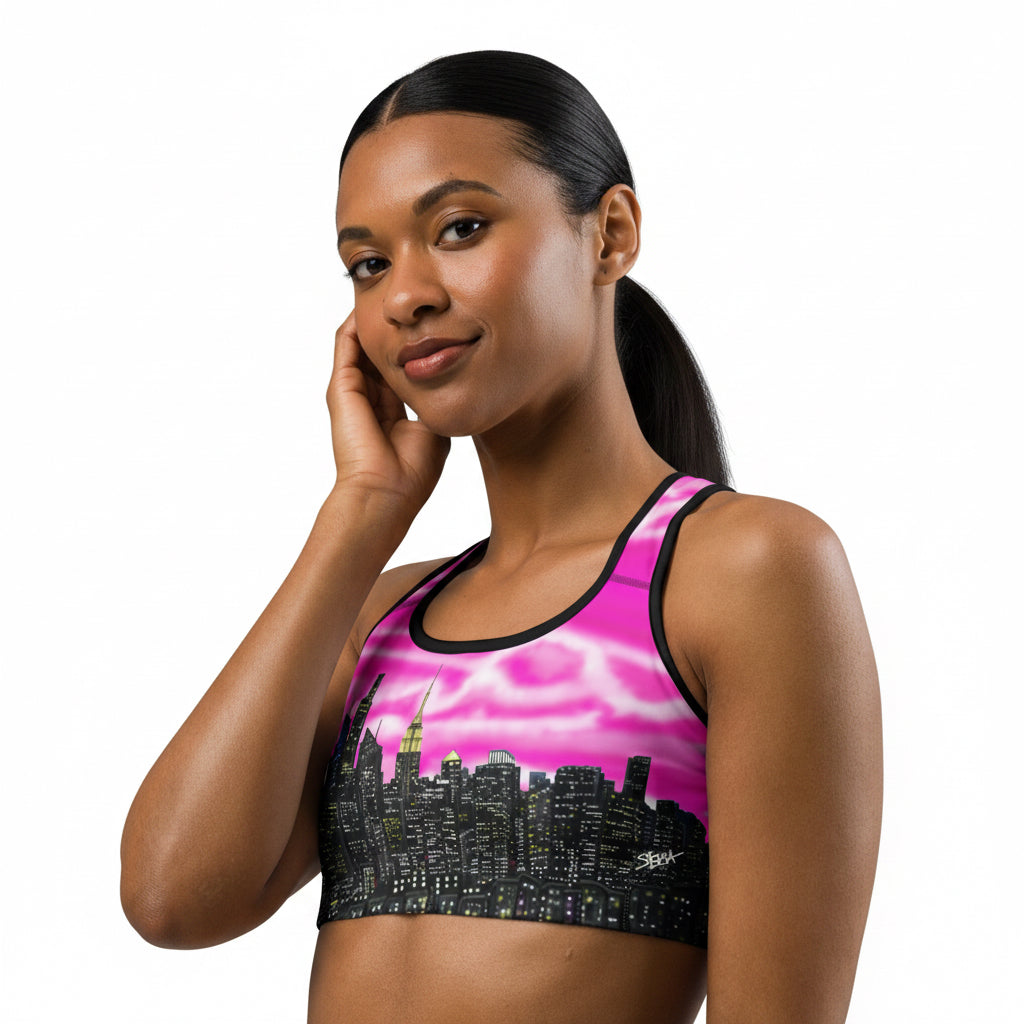Women wearing Sports bra with cityscape design designed by Loria NYC Art on a white background