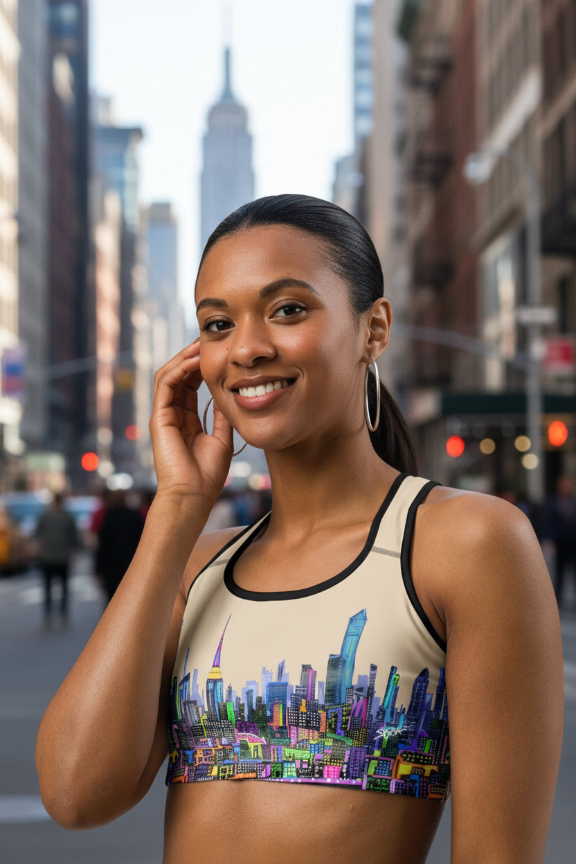 Girl wearing Sports bra with colorful cityscape design on a urban background designed by Loria NYC Art 