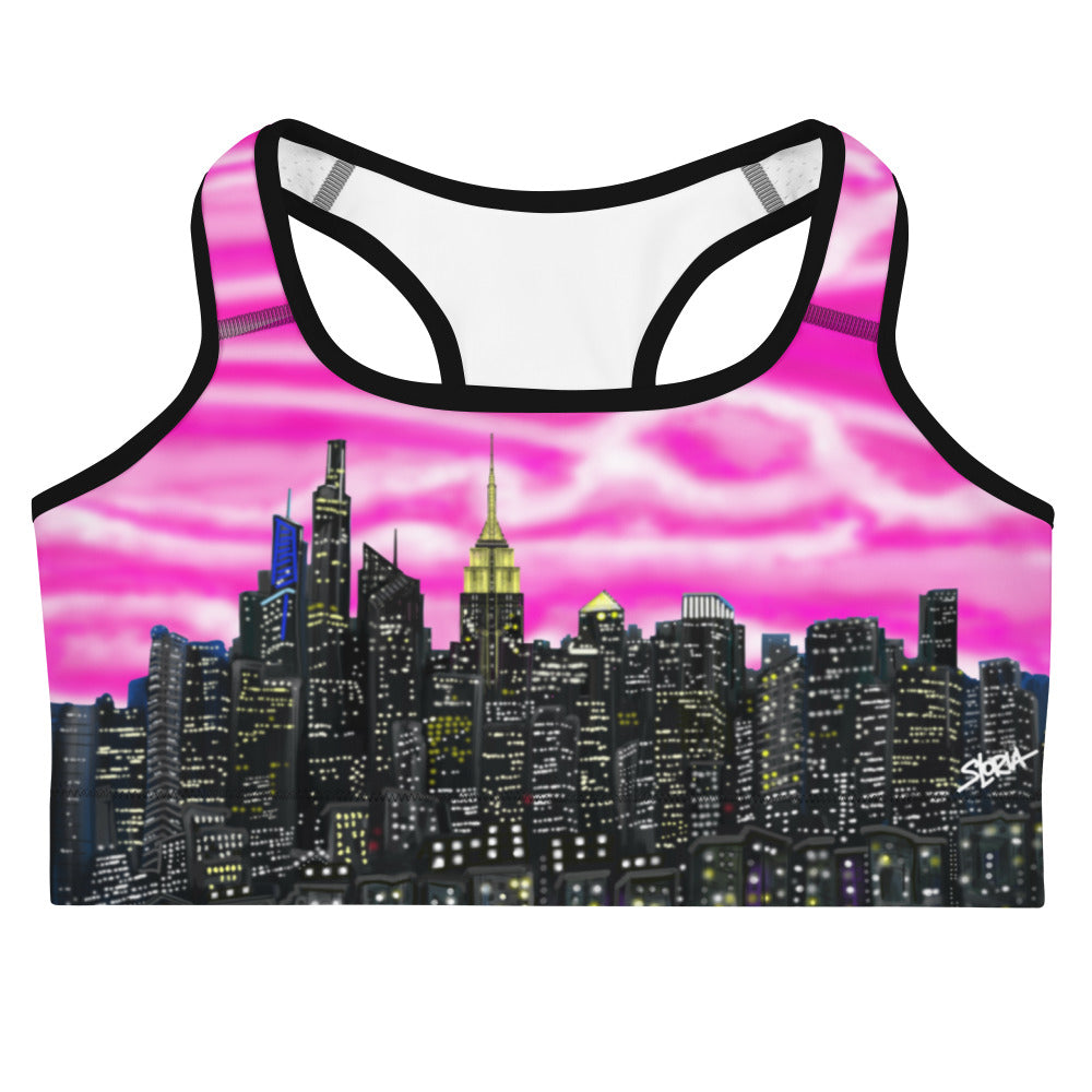 Sports bra with cityscape design designed by Loria NYC Art on a white background