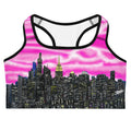 Sports bra with cityscape design designed by Loria NYC Art on a white background