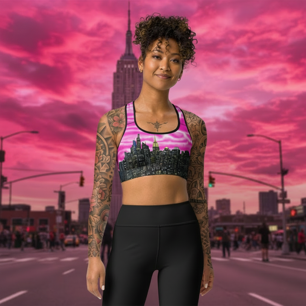 Women wearing Sports bra with cityscape design designed by Loria NYC Art against a vibrant pink sky urban background