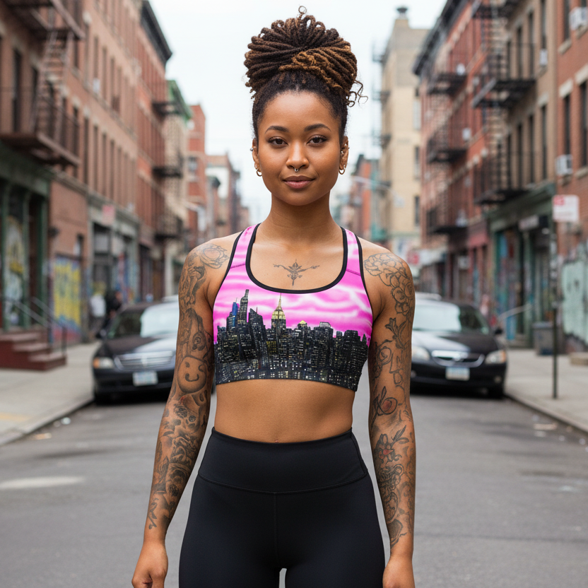 Woman wearing a sports bra designed by Loria NYC Art with a cityscape design on a street with graffiti-covered buildings.