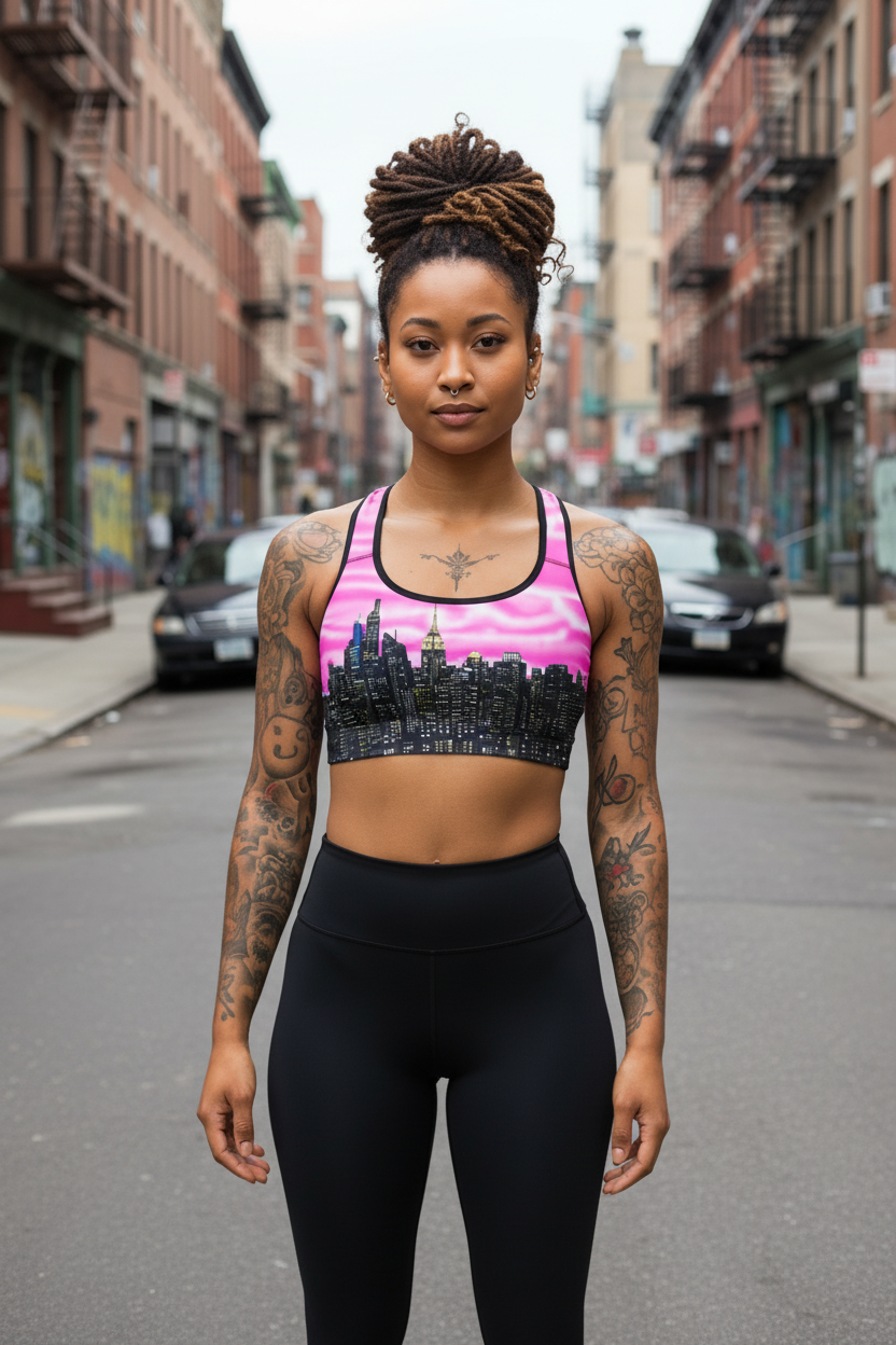 Woman wearing a sports bra with a cityscape Loria NYC Art design on a city street