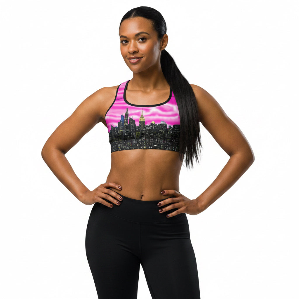 Women wearing Sports bra with cityscape design designed by Loria NYC Art on a white background