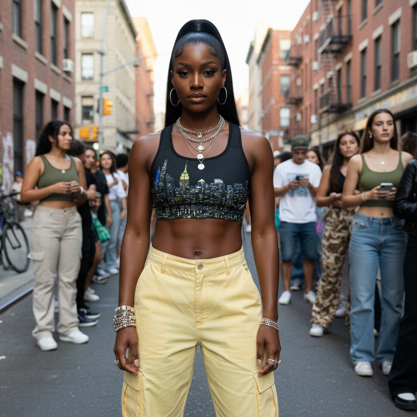 Woman standing on a city street wearing sports bra designed by Loria NYC Art with other people in the background