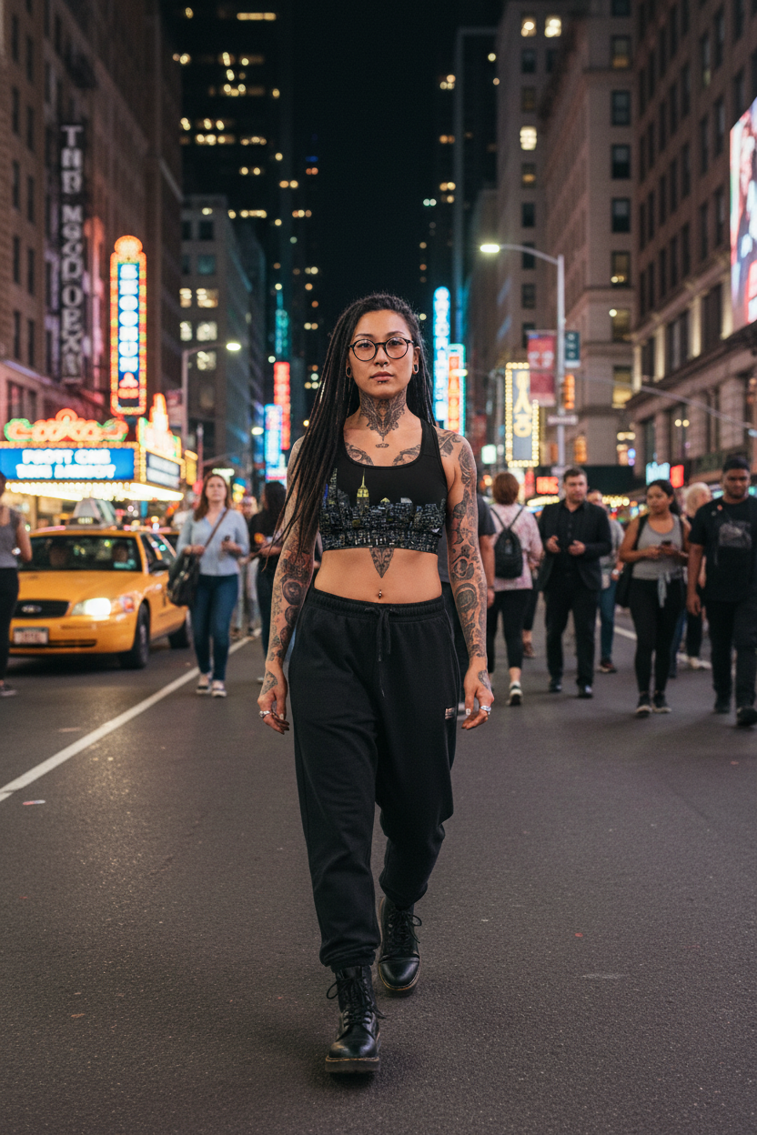 Woman walking on a city street at night with illuminated signs and lights wearing sports bar designed by Loria NYC Art