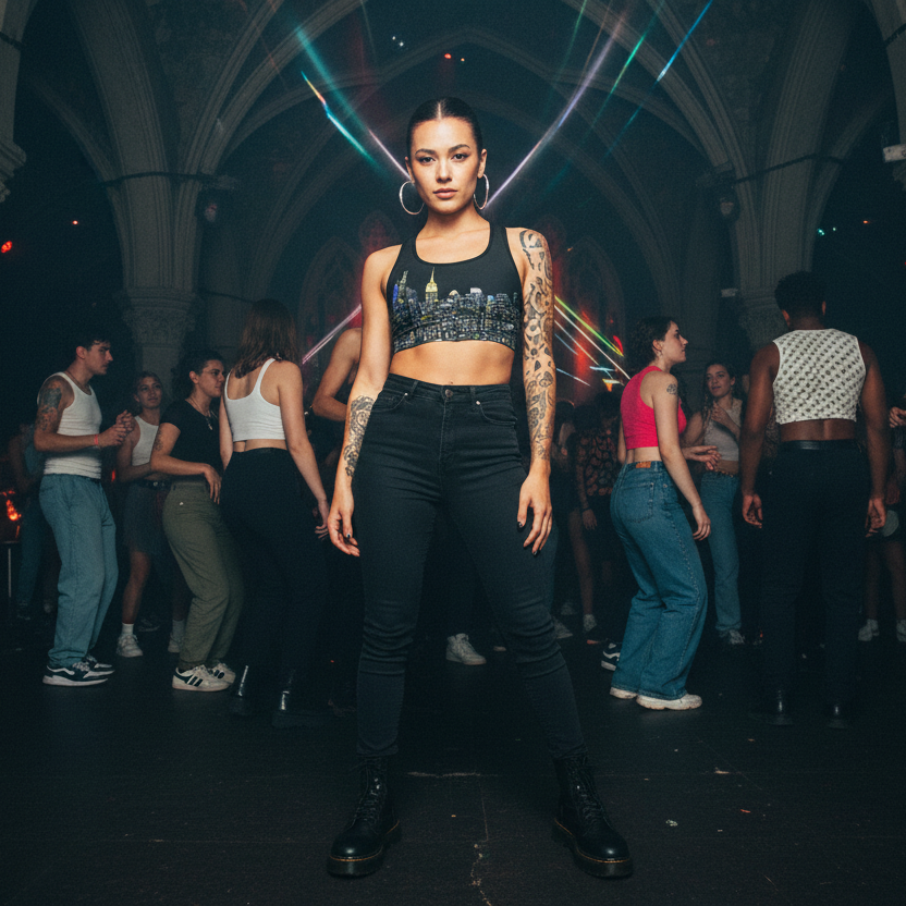 Woman in black outfit with tattoos standing in a dark, crowded indoor setting wearing shirt designed by Loria NYC Art