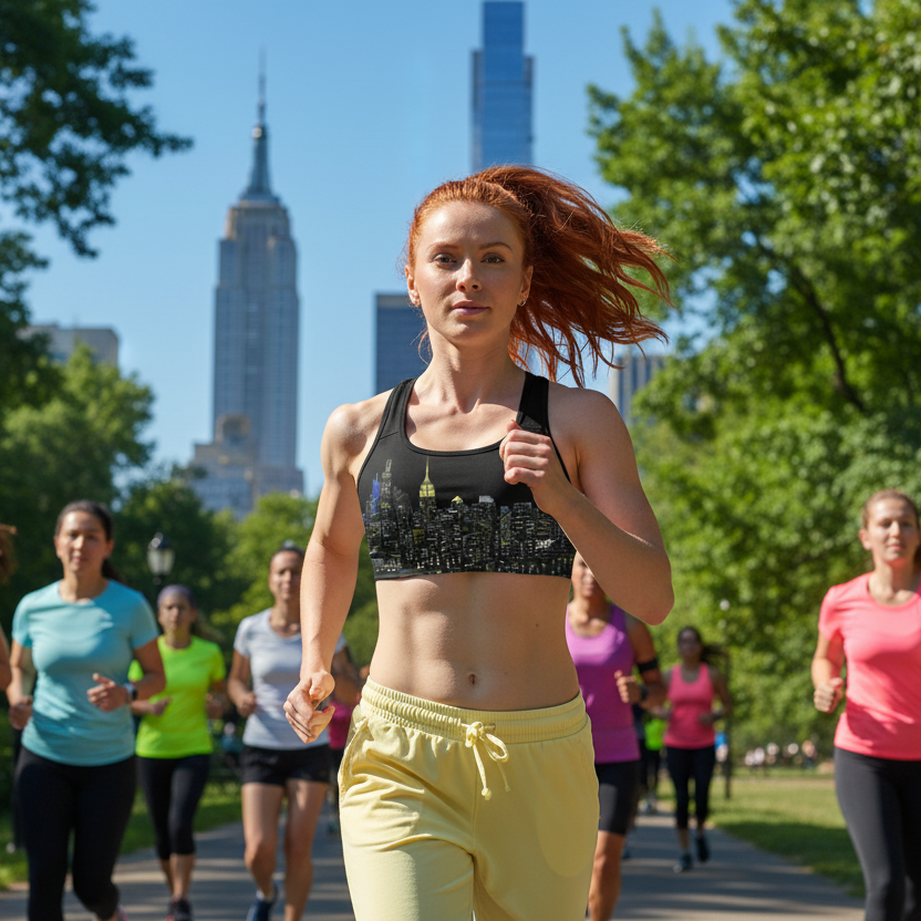 Group of women running in a park with city skyline in the background with girl wearing sports bra designed by Loria NYC Art 