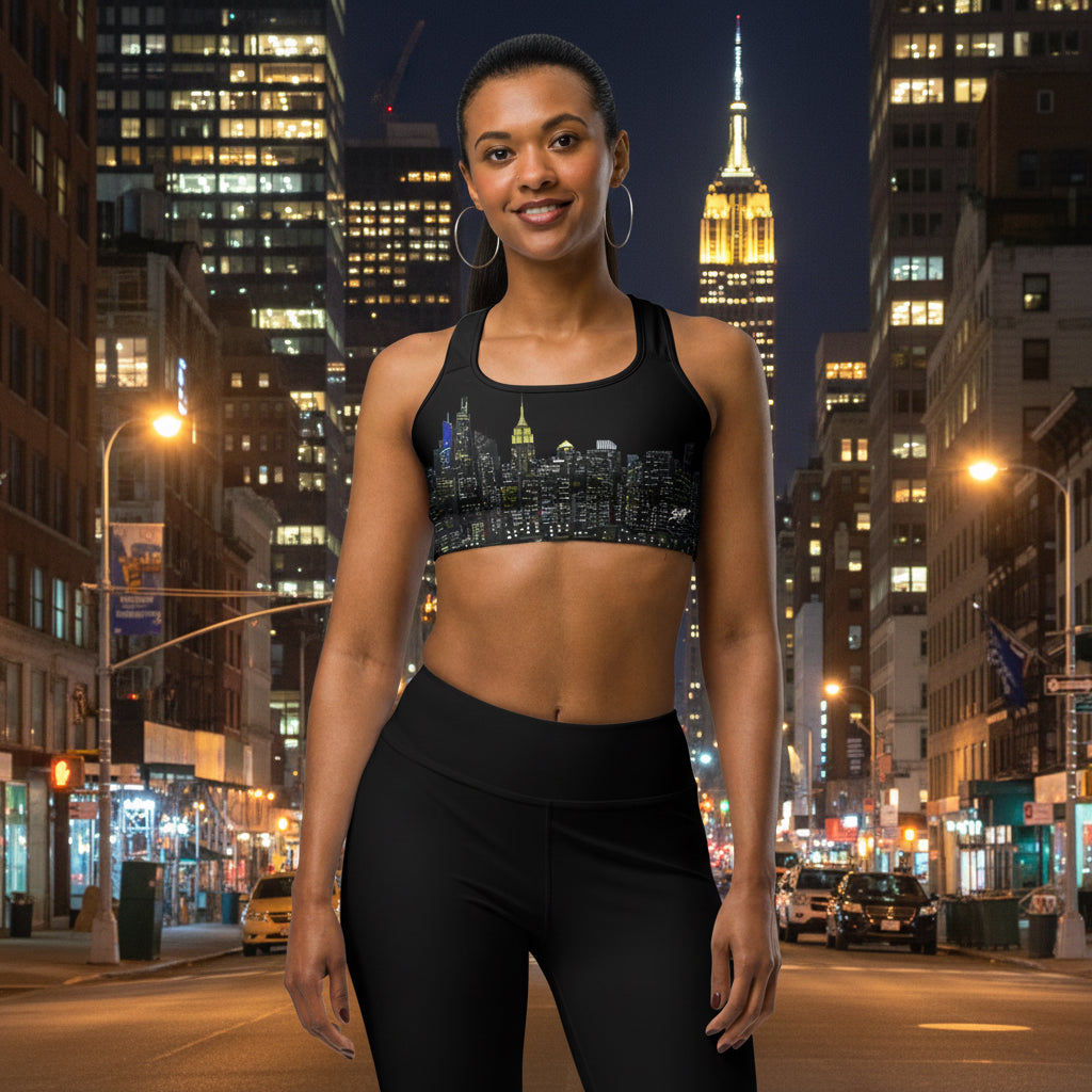 Woman wearing a black sports bra designed by Loria NYC Art with cityscape design and beige leggings on a urban background