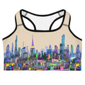 Sports bra with colorful cityscape design on a beige background designed by Loria NYC Art 