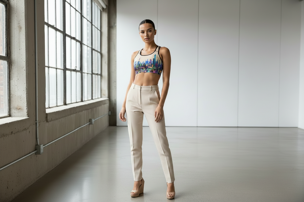 Woman posing in a Loria NYC Art Sports bra with colorful cityscape design, beige slacks and dress shoes.