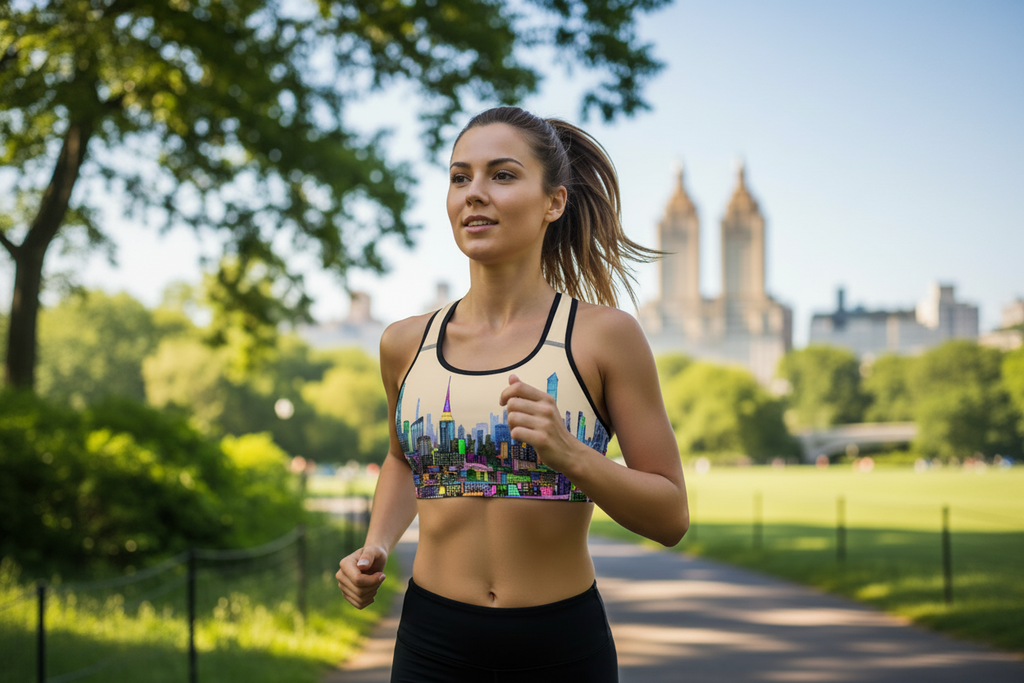Woman running in a park with city skyline in the background in athletic wearing Sports bra with colorful cityscape design designed by Loria NYC Art