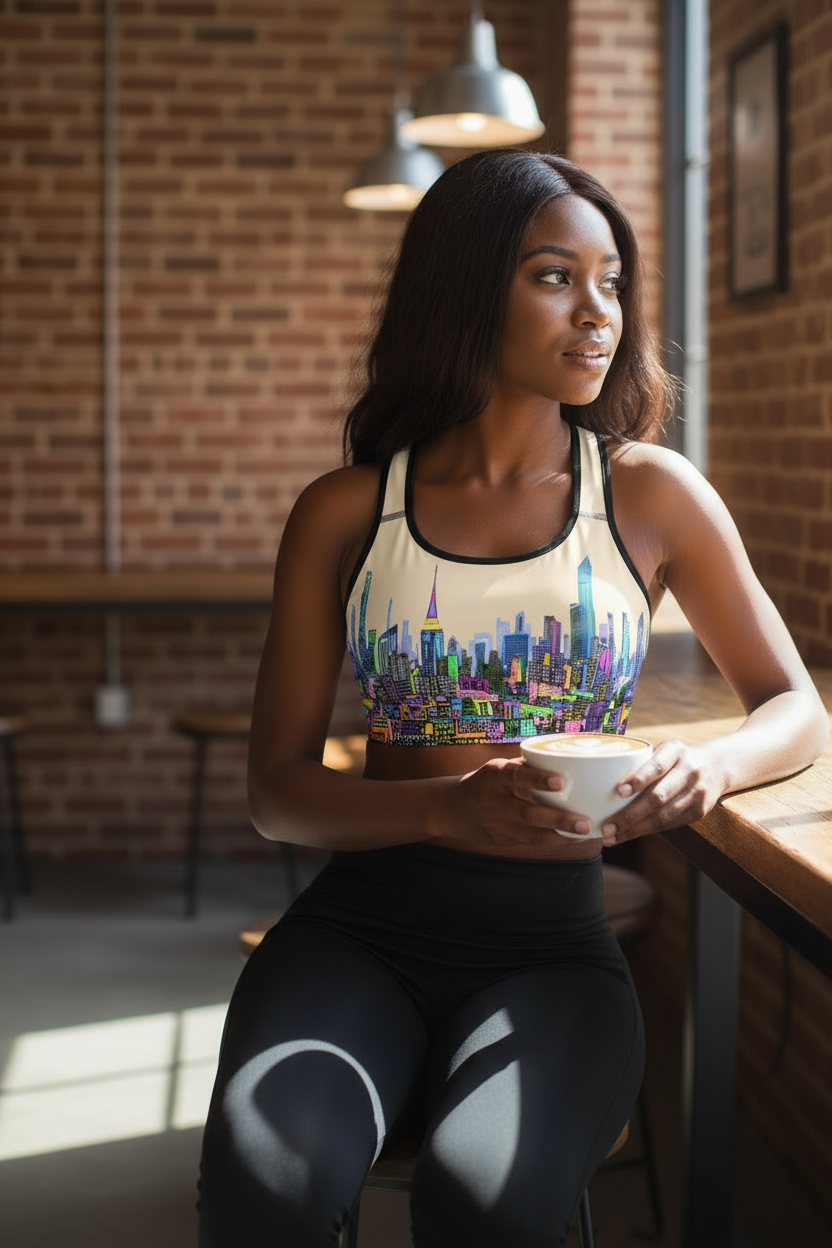 Woman in athletic Loria NYC Art wear holding a bowl in a casual setting with brick walls.