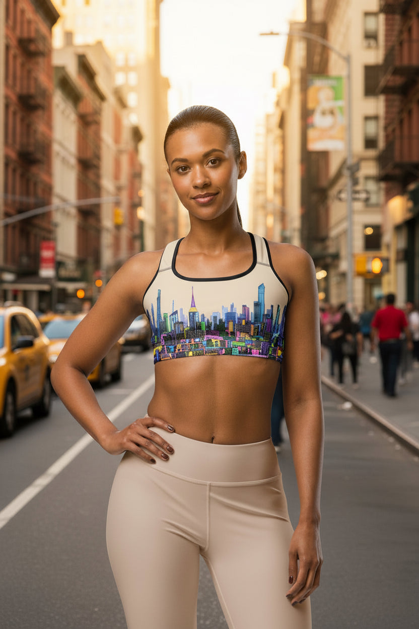 Girl wearing Sports bra with colorful cityscape design on a urban background designed by Loria NYC Art 