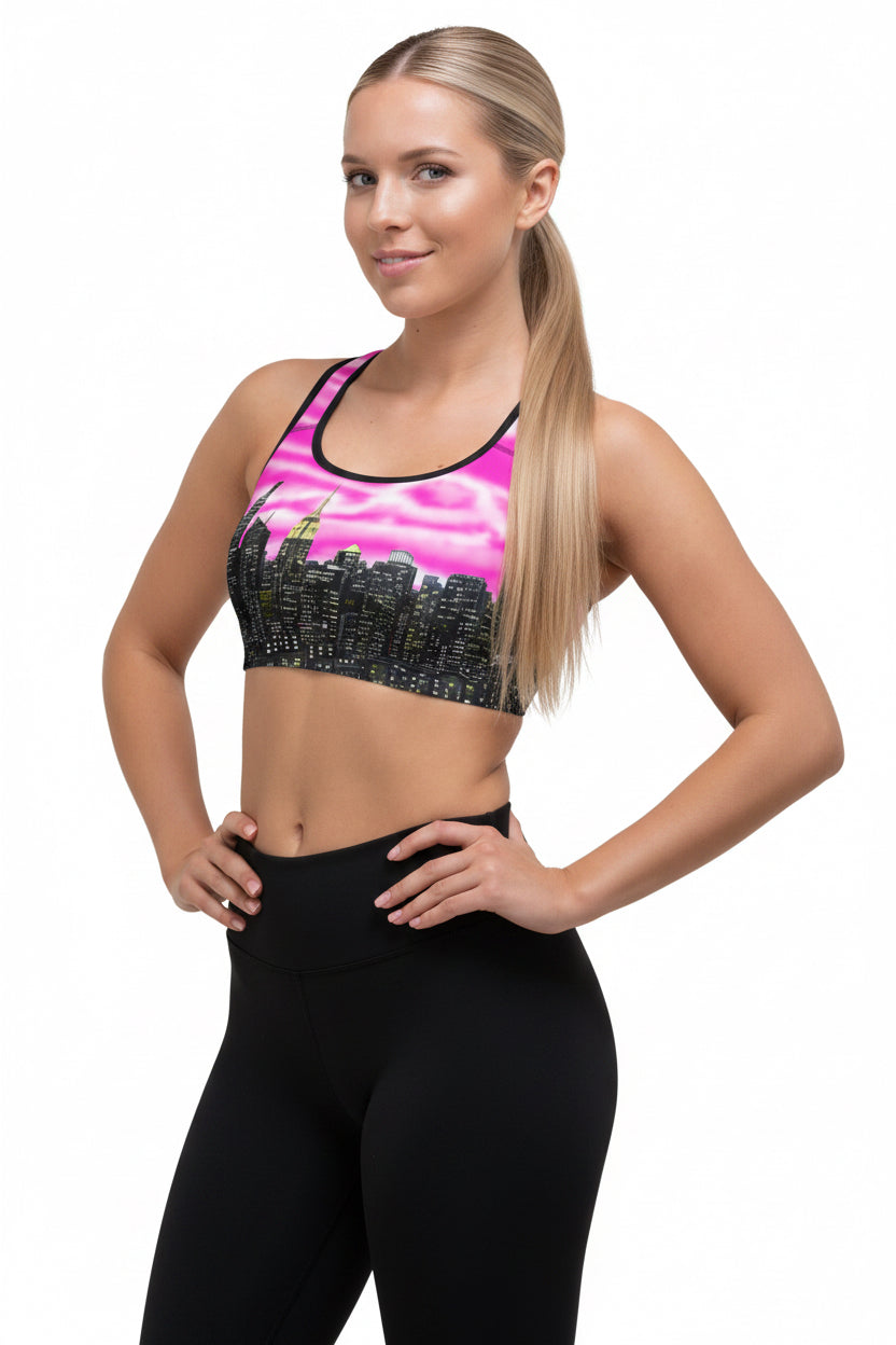 Women wearing Sports bra with cityscape design designed by Loria NYC Art on a white background