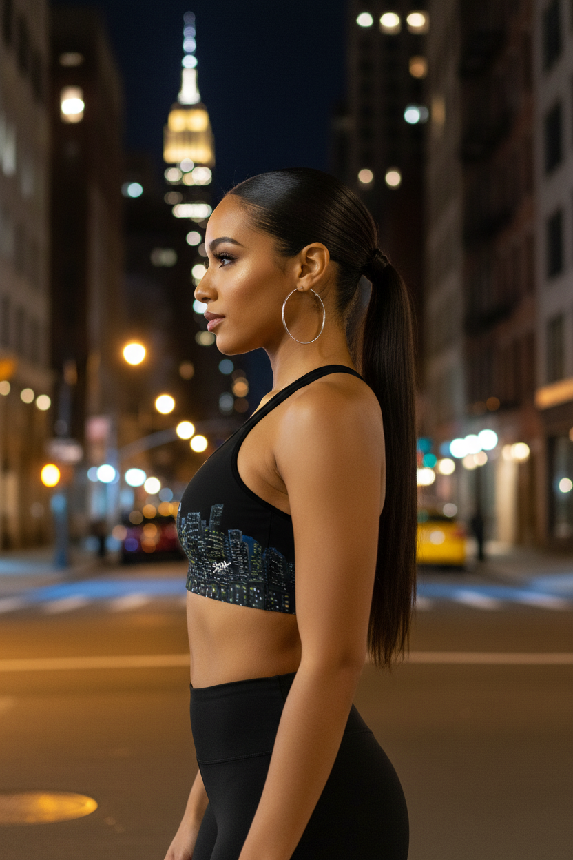 Woman in athletic Loria NYC Art wear standing on a city street at night.