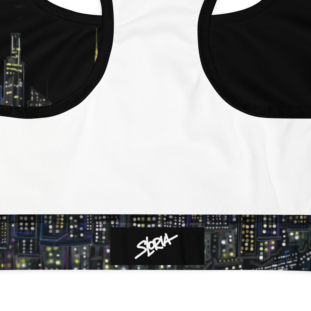 Black and white face mask with cityscape design and 'S.Loria' branding.