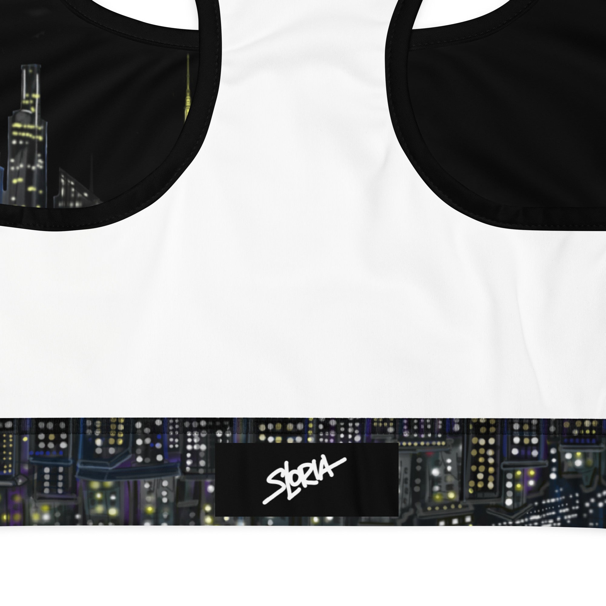 Black and white face mask with cityscape design and 'S.Loria' branding.