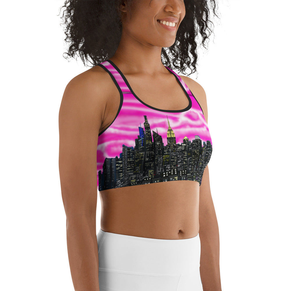 Women wearing Sports bra with cityscape design designed by Loria NYC Art on a white background