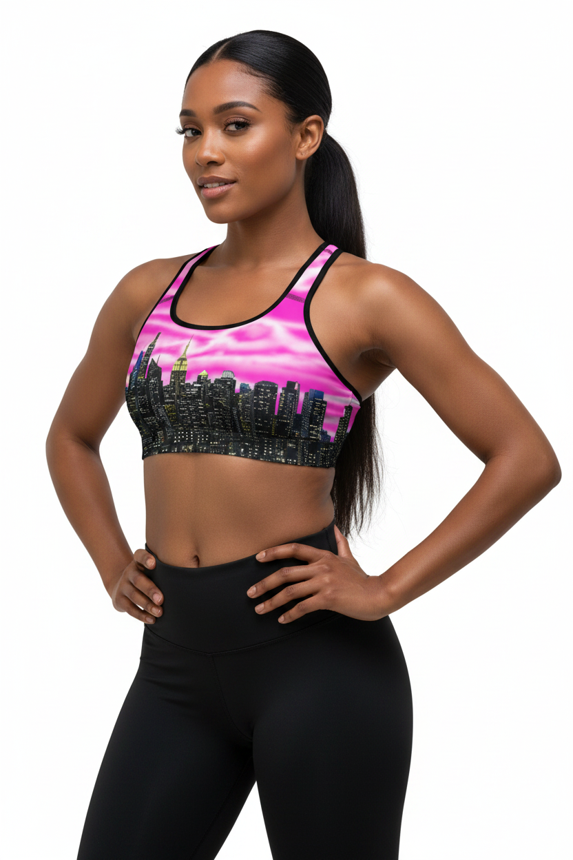 Woman wearing a sports Loria NYC Art bra with a cityscape design and black leggings on a white background