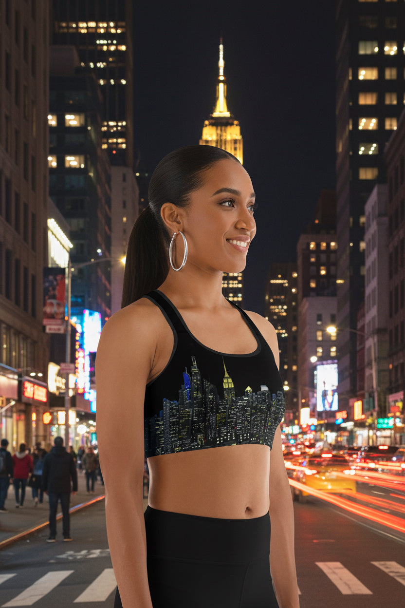 Woman wearing a black sports bra designed by Loria NYC Art with cityscape design and white leggings on a urban background