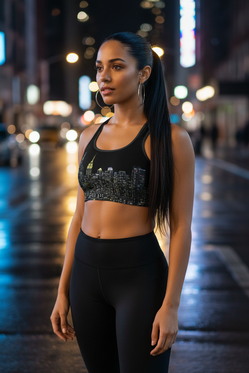 Woman in black athletic Loria NYC Art wear standing on a city street at night.