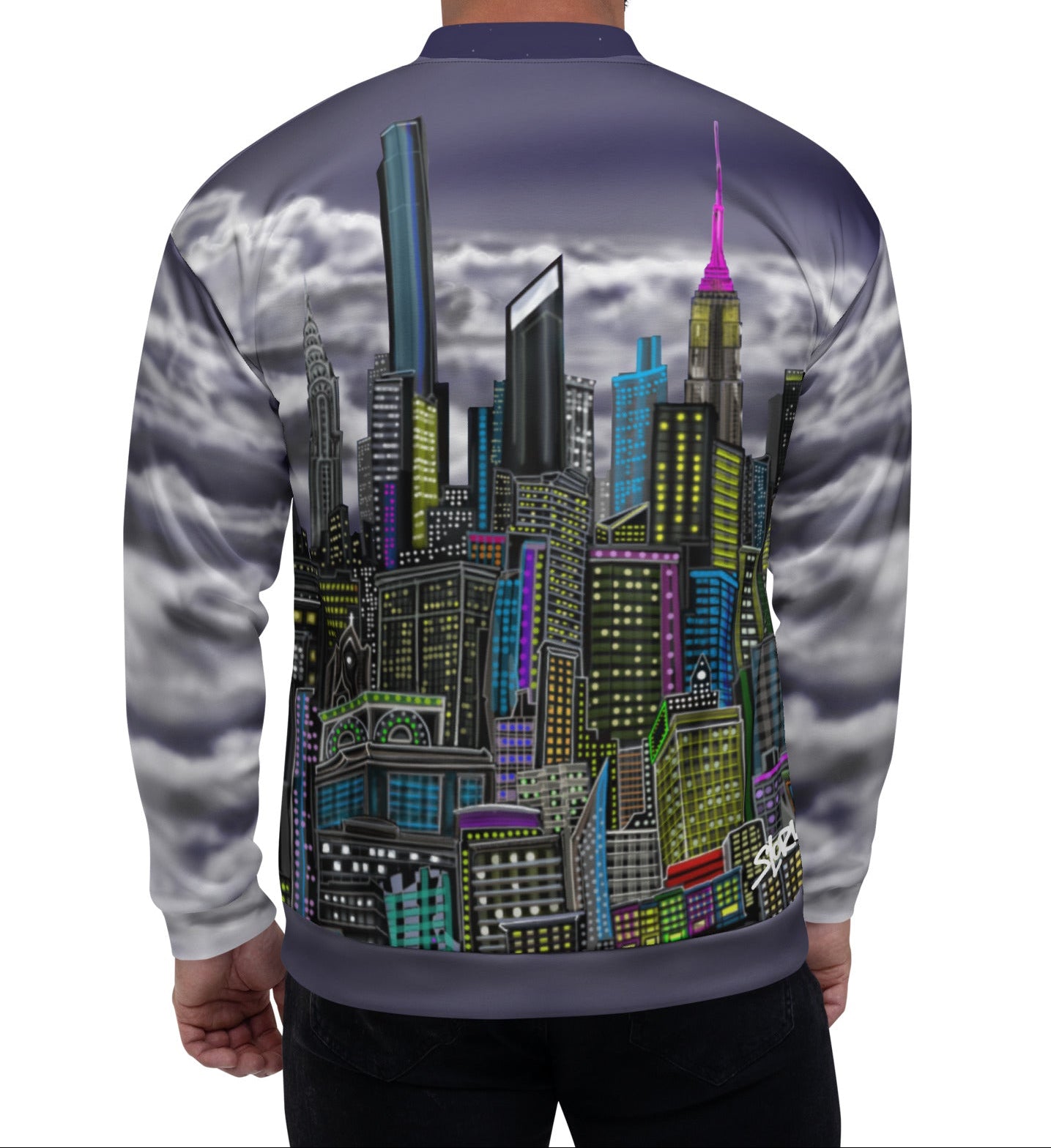 Back of a Man modeling a Loria NYC Art bomber Jacket with city skyline.