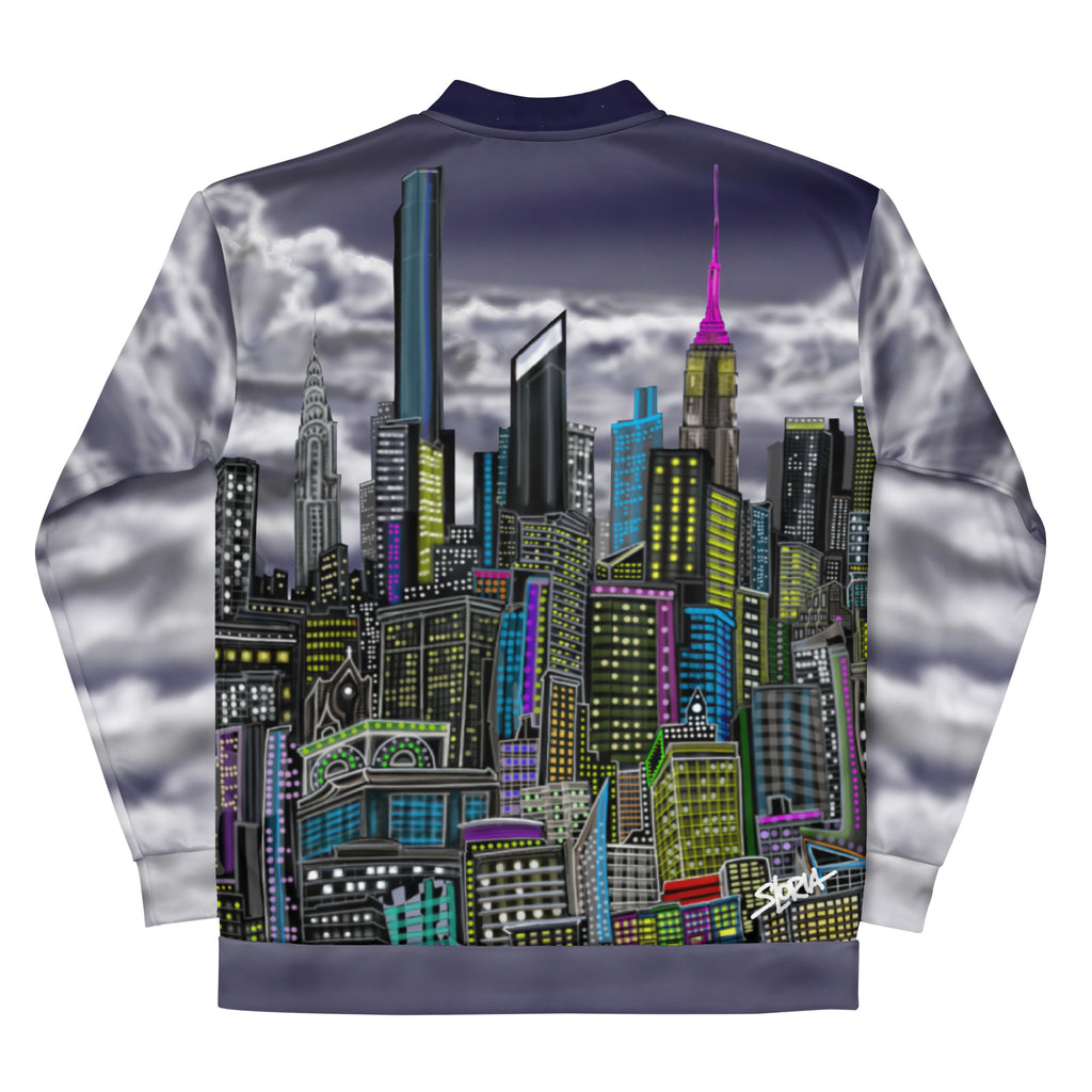 Back view of a Bomber Jacket with a Bowery Notturno city skyline design by S.Loria NYC Art on a white background 