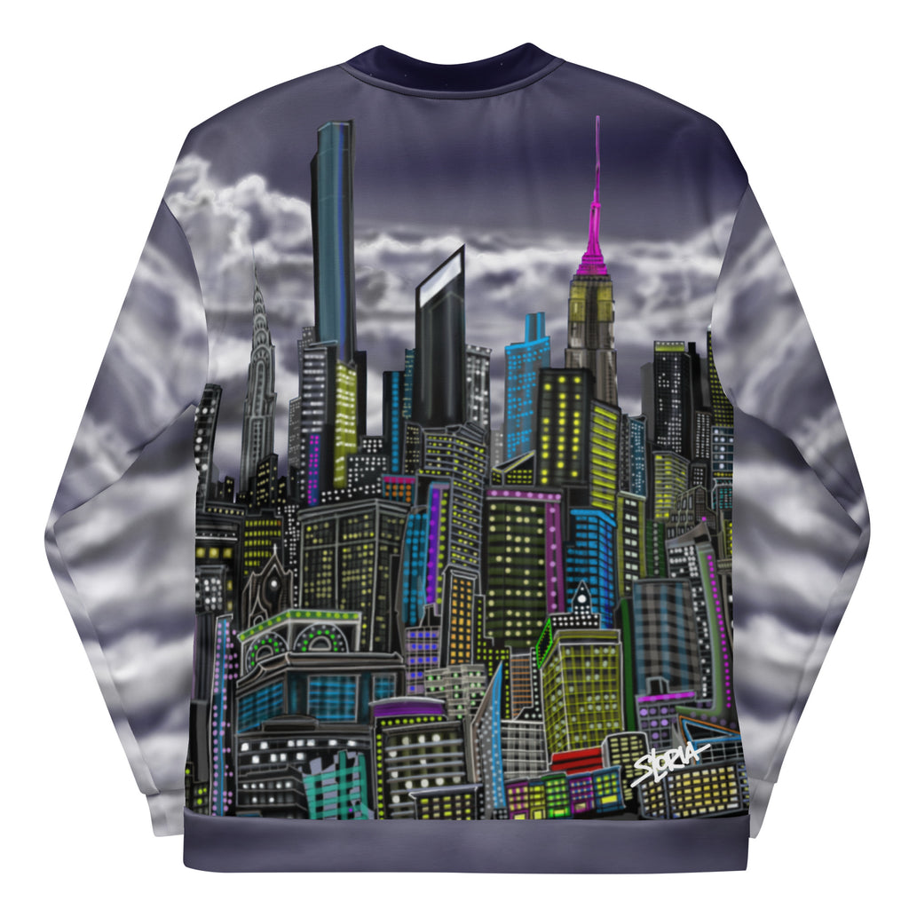 Back of a Bomber Jacket with a Bowery Notturno city skyline design by S.Loria NYC Art on a white background 