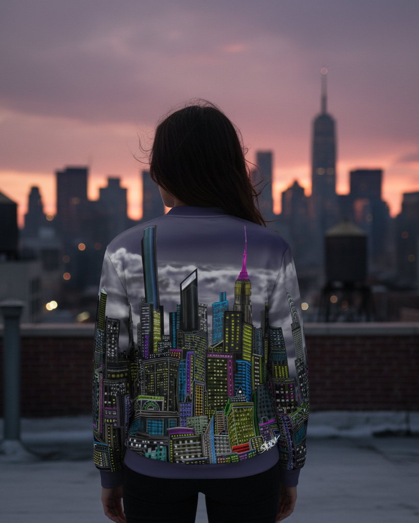 Person wearing a reflective cityscape jacket with a city skyline designed by Loria NYC Art in the background during sunset.
