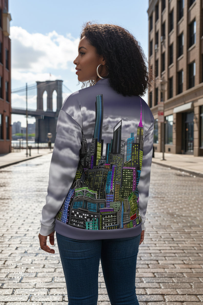 Back of a women modeling a Loria NYC Art Jacket with artistic rendition of a cloudy night skyline design 