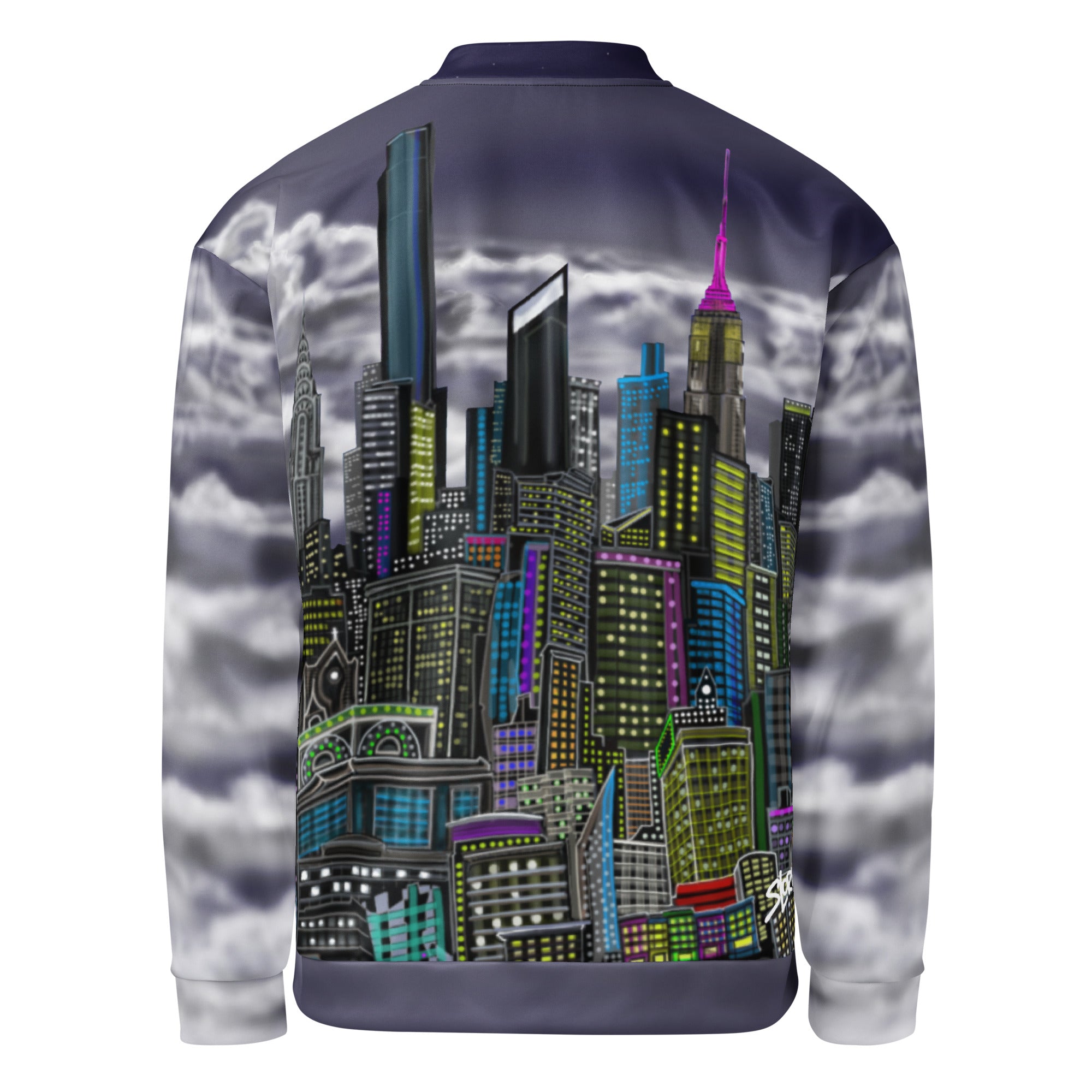 Back view of a Bomber Jacket with a Bowery Notturno city skyline design by S.Loria NYC Art on a white background 