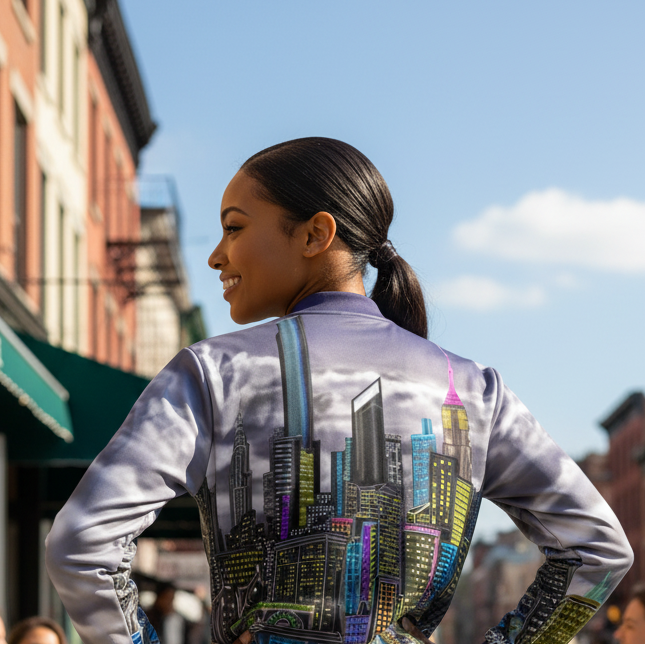 Women wearing a blue  Loria NYC Art jacket in an outdoor cafe setting.