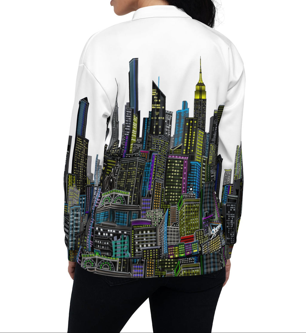 Back of Girl wearing a White bomber jacket with a colorful cityscape designed by Loria NYC Art 