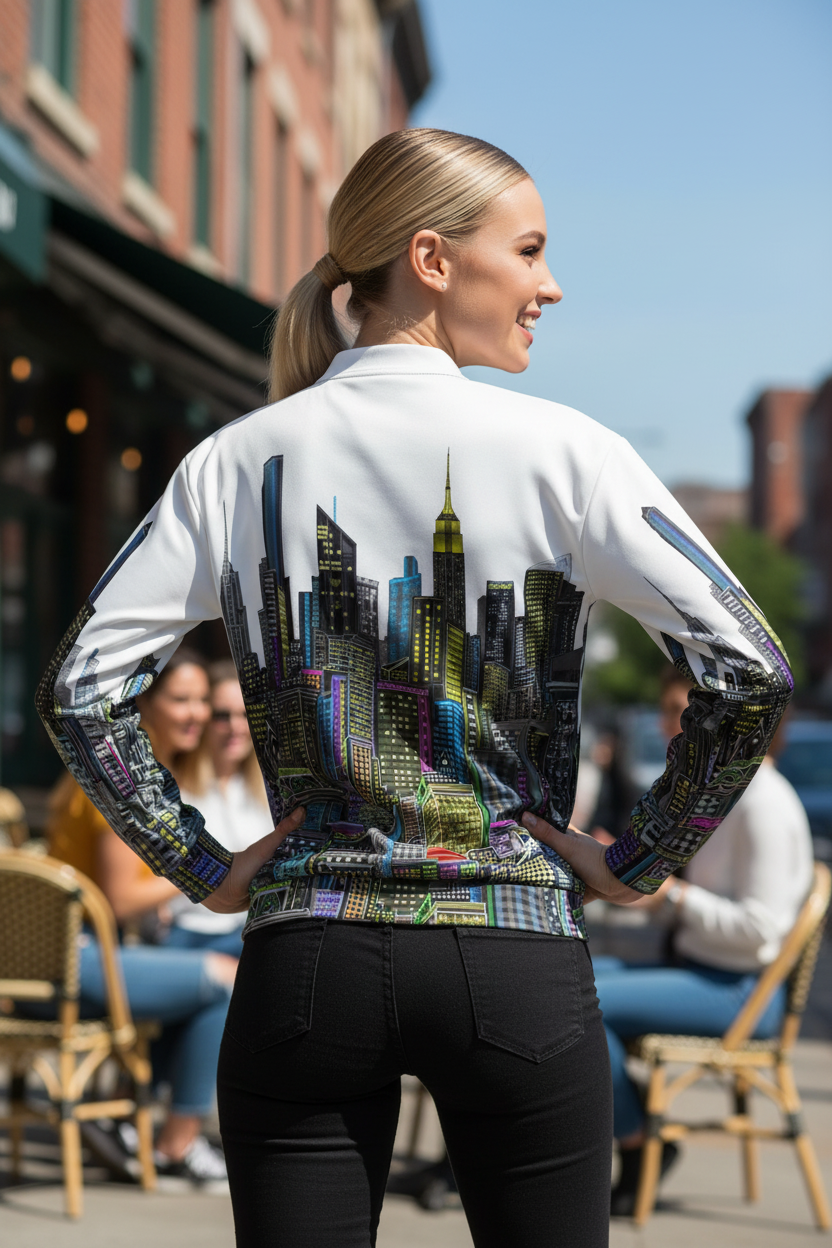 Woman wearing a white Loria NYC Art jacket with cityscape design on a street.